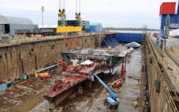 View of the first three units dock. Looking from the stern forward is the stern thruster tunnel, the foundations for propulsion motors and leading into Engine Room #2.
